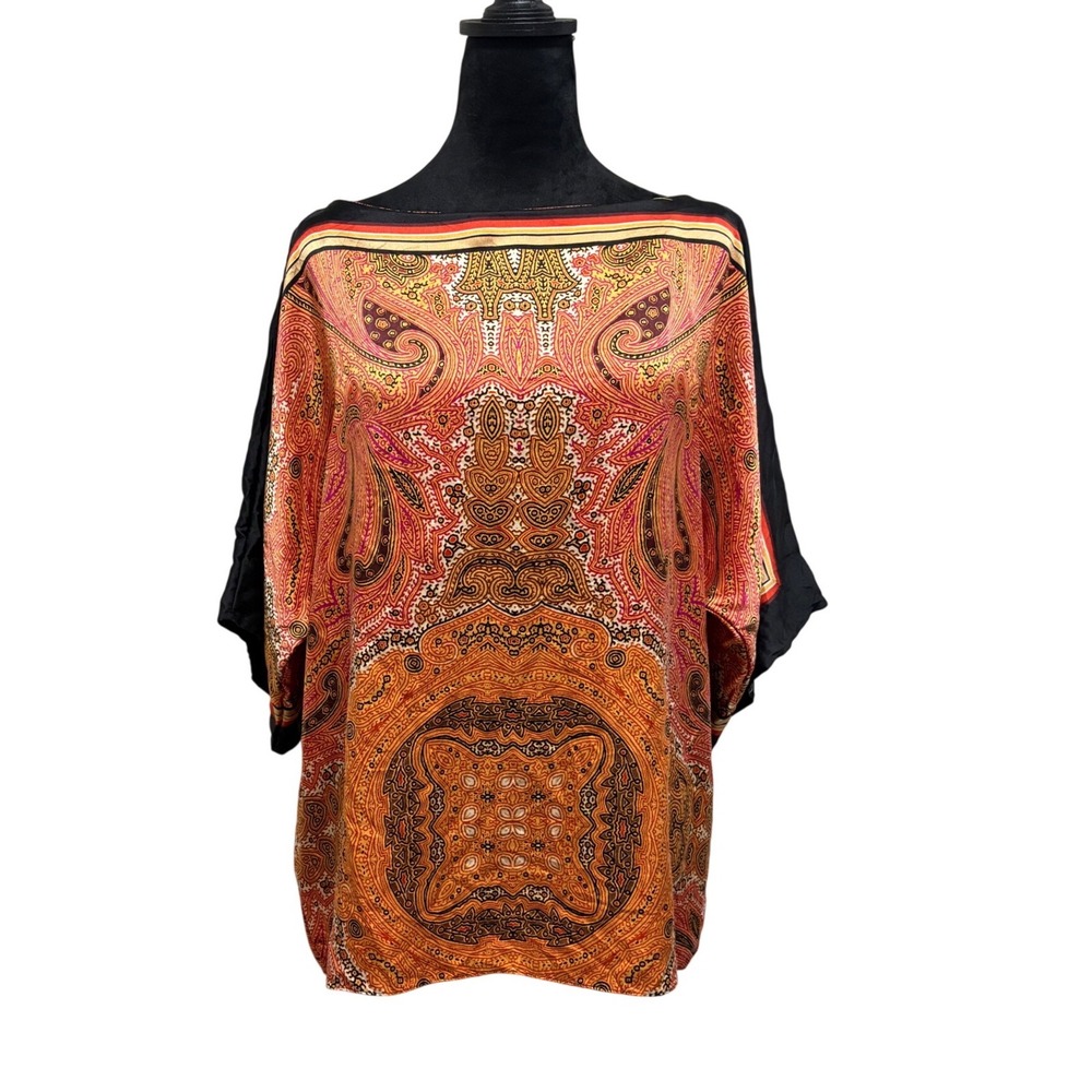 Josie Natori Tunic Large Orange 100% Silk Paisley Dolman Boat Neck
EUC
